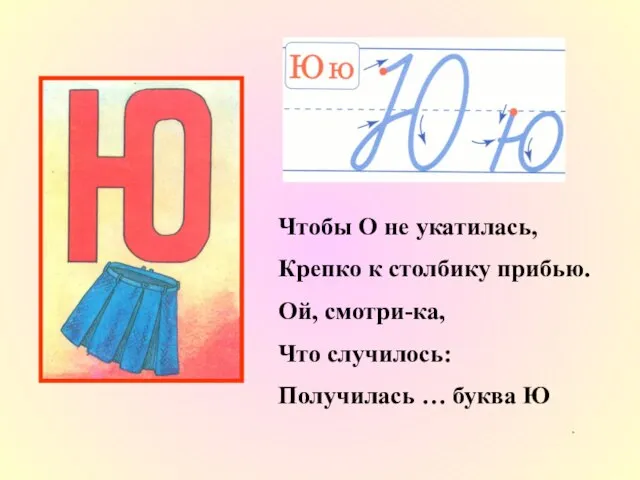 Чтобы О не укатилась, Крепко к столбику прибью. Ой, смотри-ка, Что случилось: Получилась … буква Ю