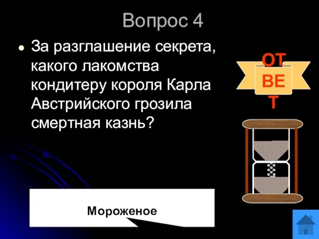 Вопрос 4 За разглашение секрета, какого лакомства кондитеру короля Карла Австрийского грозила смертная казнь? ОТВЕТ Мороженое