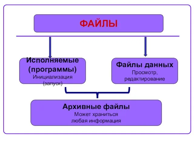 ФАЙЛЫ Исполняемые (программы) Инициализация (запуск) Архивные файлы Может храниться любая информация Файлы данных Просмотр, редактирование