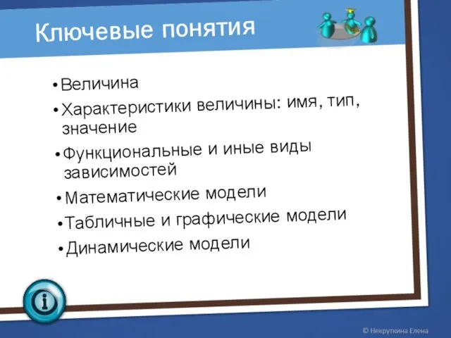 Величина Характеристики величины: имя, тип, значение Функциональные и иные виды зависимостей Математические