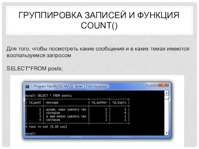 Группировка записей и функция COUNT() Для того, чтобы посмотреть какие сообщения и