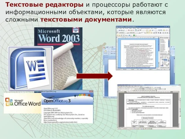 Текстовые редакторы и процессоры работают с информационными объектами, которые являются сложными текстовыми документами.