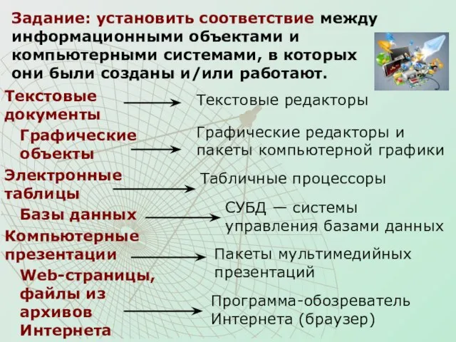 Задание: установить соответствие между информационными объектами и компьютерными системами, в которых они