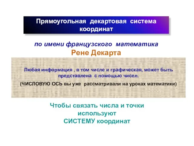 Прямоугольная декартовая система координат по имени французского математика Рене Декарта Любая информация