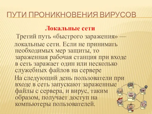 Пути проникновения вирусов Локальные сети Третий путь «быстрого заражения» — локальные сети.