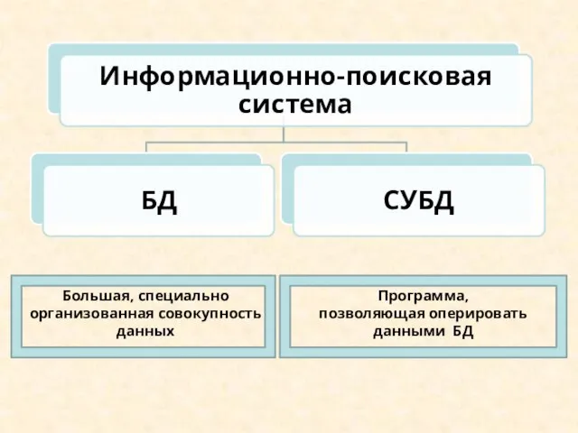 Большая, специально организованная совокупность данных Программа, позволяющая оперировать данными БД