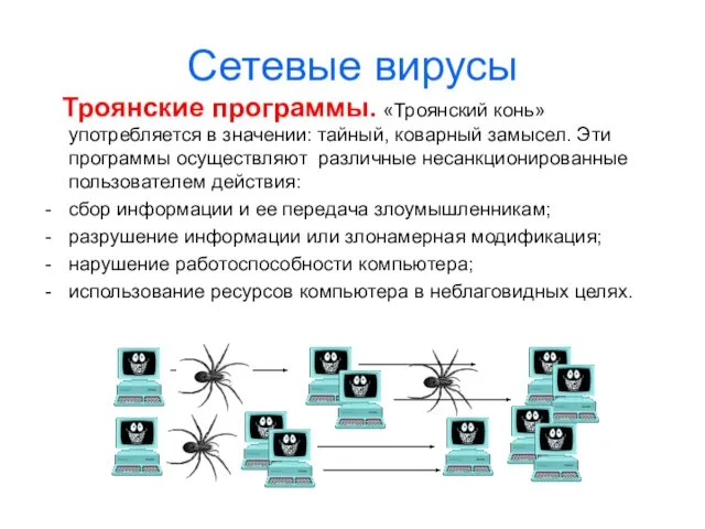 Сетевые вирусы Троянские программы. «Троянский конь» употребляется в значении: тайный, коварный замысел.