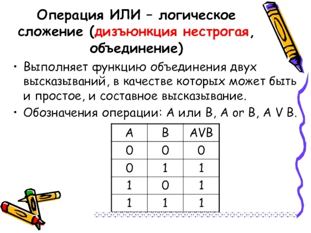 Операция ИЛИ – логическое сложение (дизъюнкция нестрогая, объединение) Выполняет функцию объединения двух