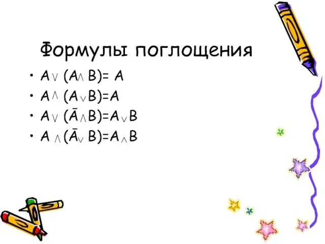 Формулы поглощения А (А В)= А А (А В)=А А (Ā В)=А