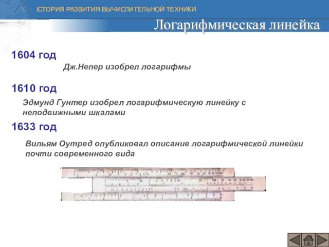 1604 год Дж.Непер изобрел логарифмы 1610 год Эдмунд Гунтер изобрел логарифмическую линейку