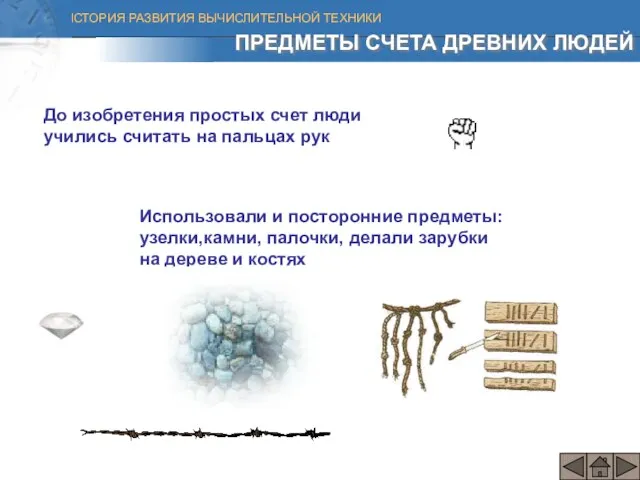 ПРЕДМЕТЫ СЧЕТА ДРЕВНИХ ЛЮДЕЙ До изобретения простых счет люди учились считать на