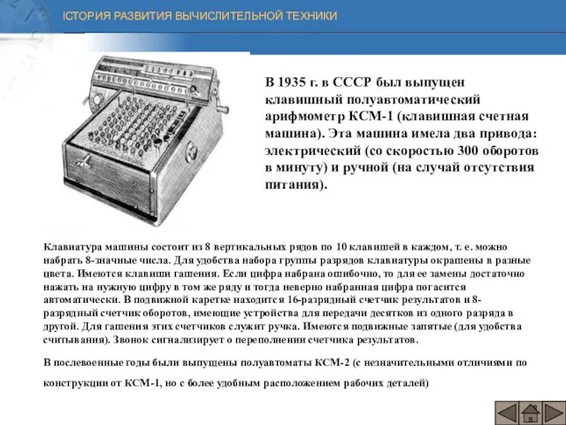 В 1935 г. в СССР был выпущен клавишный полуавтоматический арифмометр КСМ-1 (клавишная