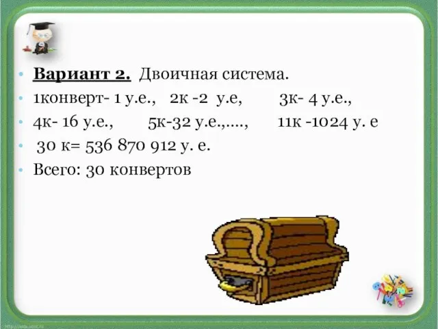 Вариант 2. Двоичная система. 1конверт- 1 у.е., 2к -2 у.е, 3к- 4