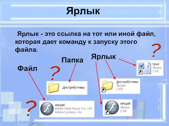 Ярлык Ярлык - это ссылка на тот или иной файл, которая дает