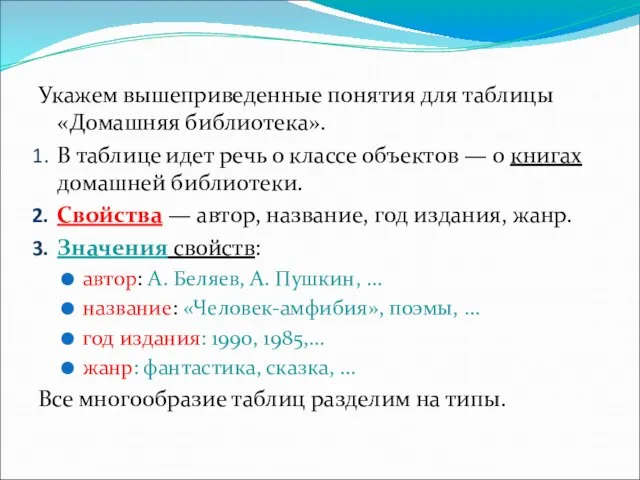 Укажем вышеприведенные понятия для таблицы «Домашняя библиотека». В таблице идет речь о