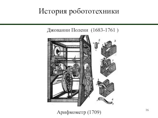 История робототехники Джованни Полени (1683-1761 ) Арифмометр (1709)