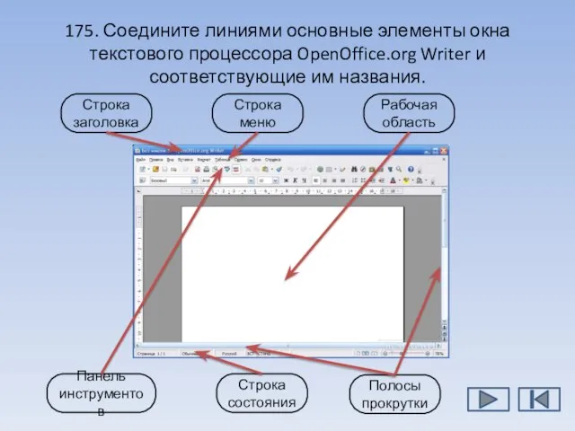 175. Соедините линиями основные элементы окна текстового процессора OpenOffice.org Writer и соответствующие