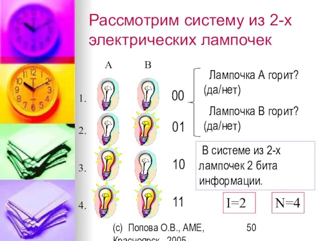 (c) Попова О.В., AME, Красноярск, 2005 Рассмотрим систему из 2-х электрических лампочек