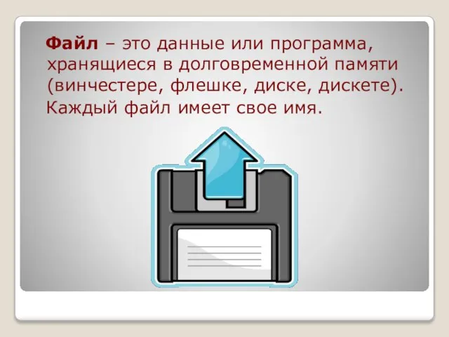 Файл – это данные или программа, хранящиеся в долговременной памяти (винчестере, флешке,