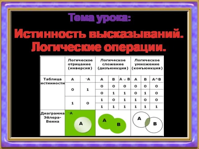 Тема урока: Истинность высказываний. Логические операции.