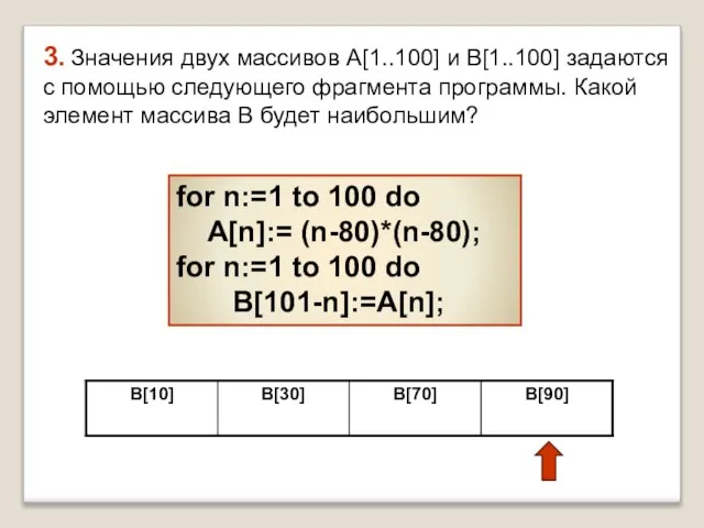 3. Значения двух массивов A[1..100] и B[1..100] задаются с помощью следующего фрагмента