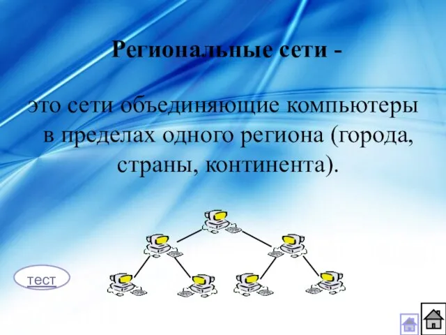 это сети объединяющие компьютеры в пределах одного региона (города, страны, континента). Региональные сети - тест