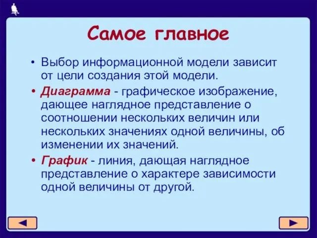 Самое главное Выбор информационной модели зависит от цели создания этой модели. Диаграмма