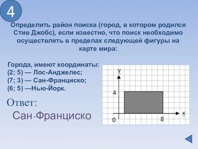 Ответ: Сан-Франциско 4 Определить район поиска (город, в котором родился Стив Джобс),