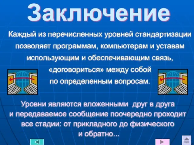 Заключение Каждый из перечисленных уровней стандартизации позволяет программам, компьютерам и уставам использующим