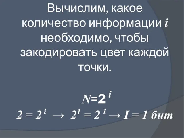 Вычислим, какое количество информации i необходимо, чтобы закодировать цвет каждой точки. N=2