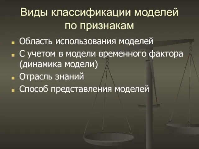 Виды классификации моделей по признакам Область использования моделей С учетом в модели