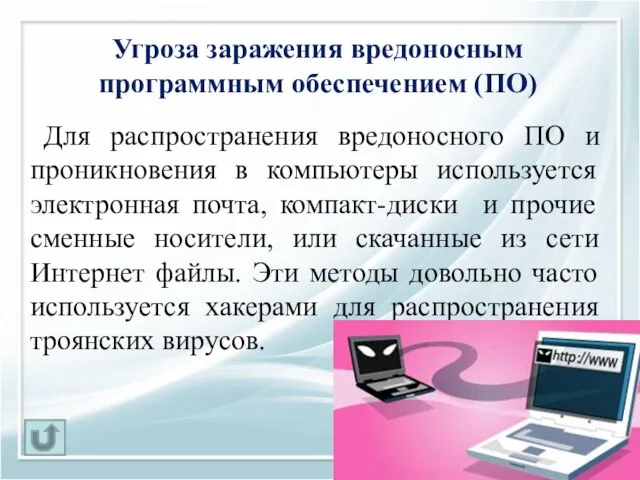 Угроза заражения вредоносным программным обеспечением (ПО) Для распространения вредоносного ПО и проникновения