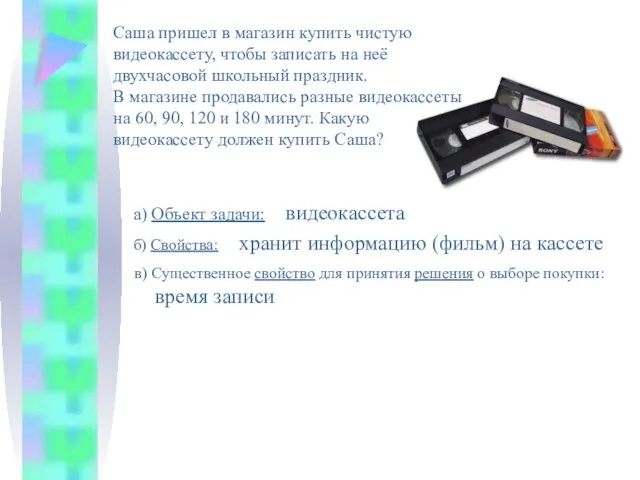 Саша пришел в магазин купить чистую видеокассету, чтобы записать на неё двухчасовой