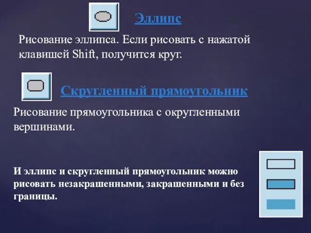 Эллипс Рисование эллипса. Если рисовать с нажатой клавишей Shift, получится круг. Скругленный