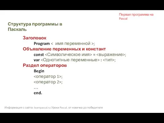 Информация с сайта: learnpascal.ru Уроки Pascal. от новичка до победителя Первая программа