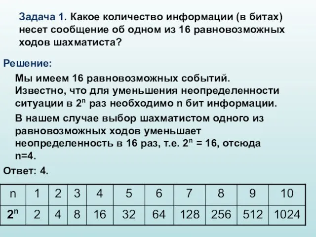 Задача 1. Какое количество информации (в битах) несет сообщение об одном из