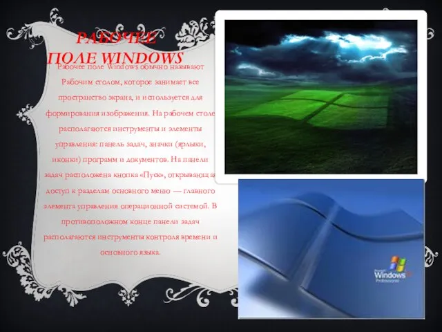 Рабочее поле Windows Рабочее поле Windows обычно называют Рабочим столом, которое занимает