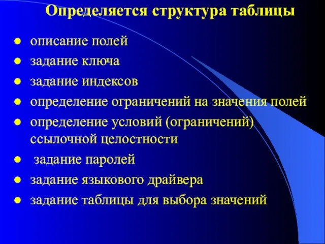 Определяется структура таблицы описание полей задание ключа задание индексов определение ограничений на