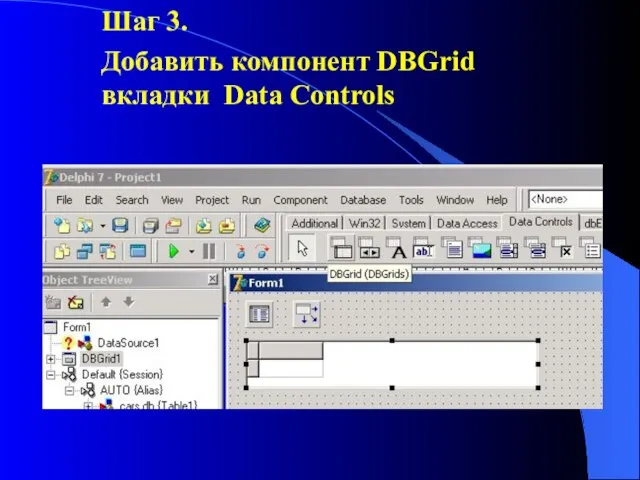 Шаг 3. Добавить компонент DBGrid вкладки Data Controls