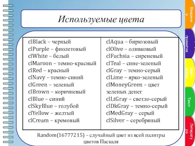 Используемые цвета Random(16777215) – случайный цвет из всей палитры цветов Паскаля Введение