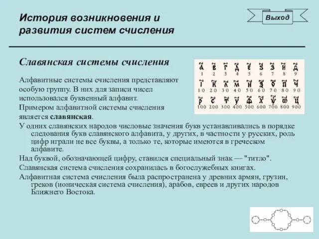 История возникновения и развития систем счисления Славянская системы счисления Алфавитные системы счисления