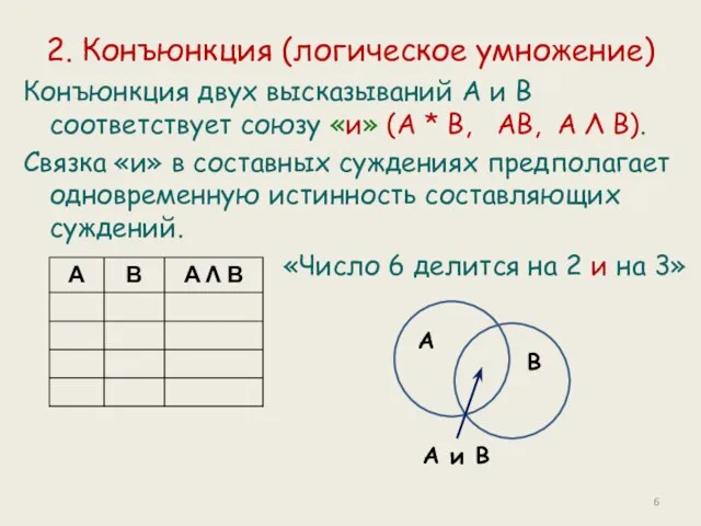 2. Конъюнкция (логическое умножение) Конъюнкция двух высказываний А и В соответствует союзу