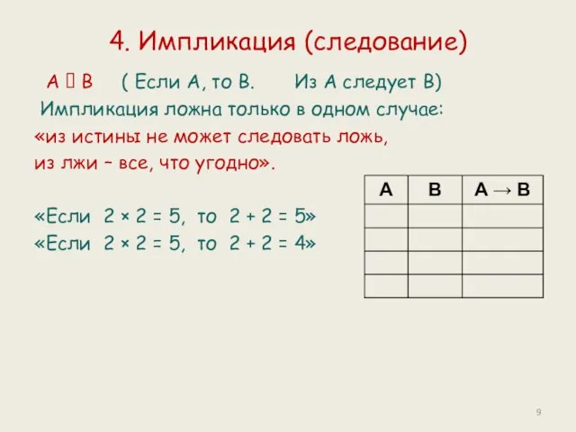 4. Импликация (следование) А  В ( Если А, то В. Из