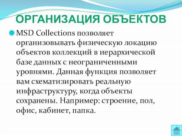ОРГАНИЗАЦИЯ ОБЪЕКТОВ MSD Collections позволяет организовывать физическую локацию объектов коллекций в иерархической