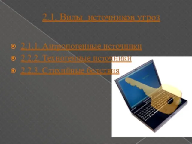 2.1. Виды источников угроз 2.1.1. Антропогенные источники 2.2.2. Техногенные источники 2.2.3. Стихийные бедствия