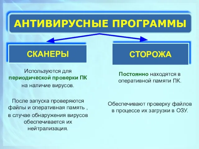 Используются для периодической проверки ПК на наличие вирусов. После запуска проверяются файлы