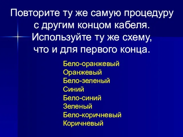 Повторите ту же самую процедуру с другим концом кабеля. Используйте ту же