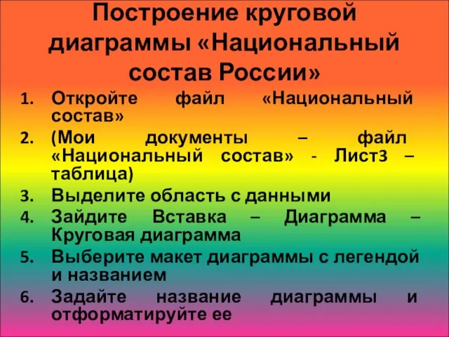 Построение круговой диаграммы «Национальный состав России» Откройте файл «Национальный состав» (Мои документы