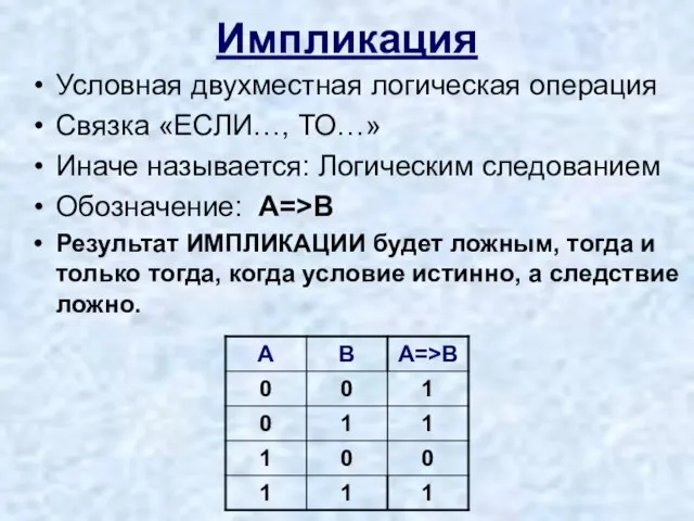 Импликация Условная двухместная логическая операция Связка «ЕСЛИ…, ТО…» Иначе называется: Логическим следованием