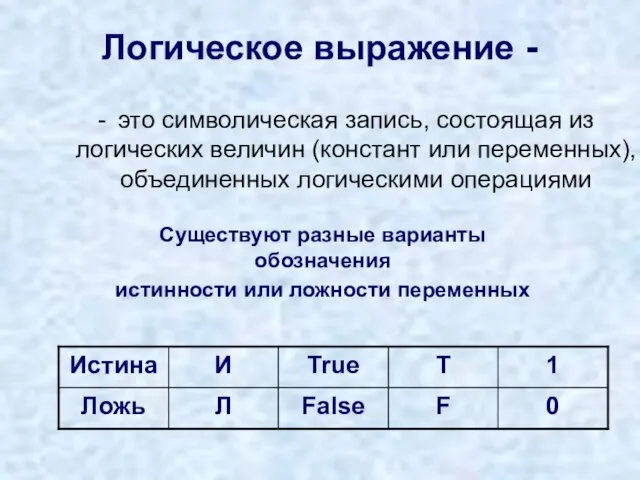 Логическое выражение - это символическая запись, состоящая из логических величин (констант или